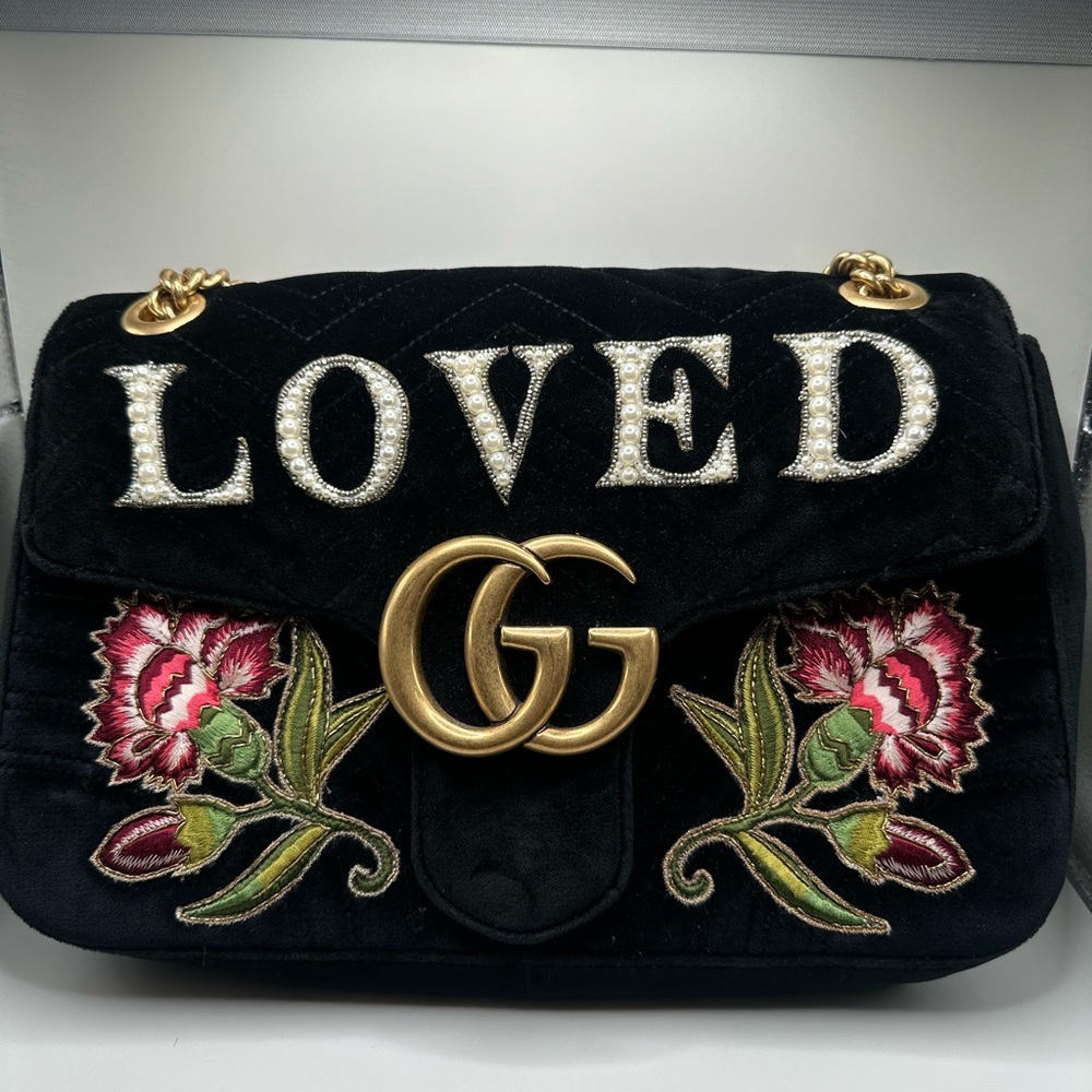 Gucci Velvet Matelasse Loved Embroidered Medium GG Marmont Shoulder Bag Black